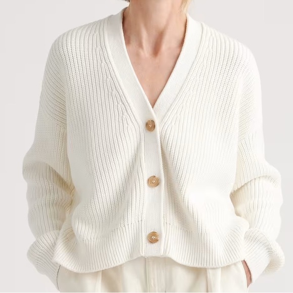 Quince Sweaters - Quince 100% Organic Cotton Fisherman Boxy Cropped Cardigan - Ivory/White XS